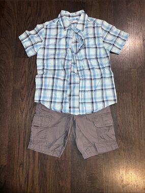 Sonoma Boys Light Blue & Navy Plaid Short Sleeve Button-Down Shirt Size-M